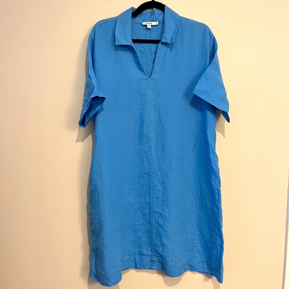 Chico's Shirt Dress Blue 100% Linen V-Neck Short Sleeve Chico's 2 / US 12